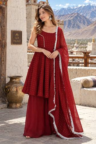 maroon silk blend readymade suit with zarkhand & lace work