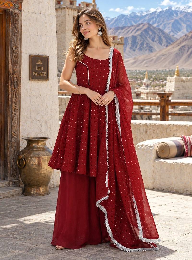 maroon silk blend readymade suit with zarkhand & lace work