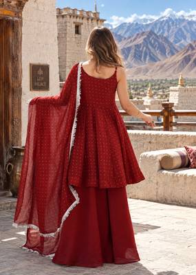 maroon silk blend readymade suit with zarkhand & lace work 2