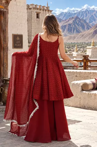 maroon silk blend readymade suit with zarkhand & lace work