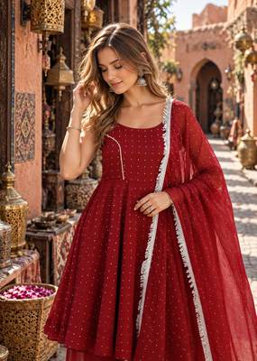 maroon silk blend readymade suit with zarkhand & lace work 3