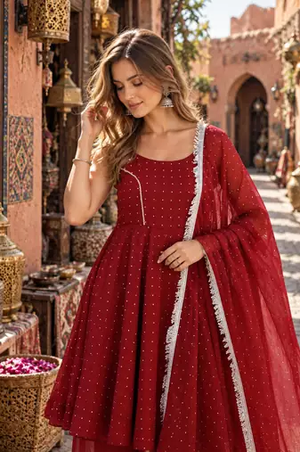 maroon silk blend readymade suit with zarkhand & lace work
