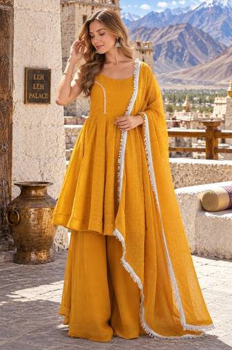 yellow silk blend readymade suit with zarkhand & lace work