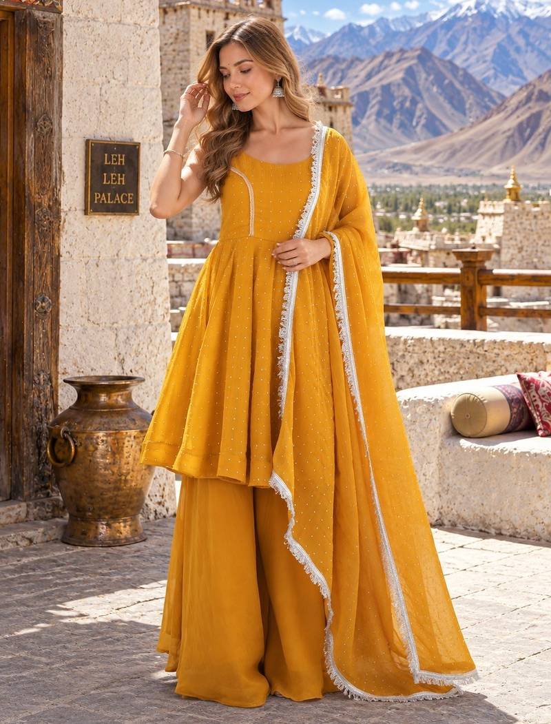 yellow silk blend readymade suit with zarkhand & lace work