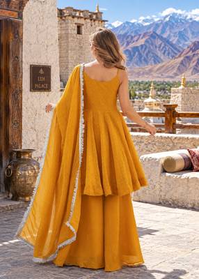 yellow silk blend readymade suit with zarkhand & lace work 2