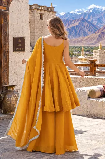 yellow silk blend readymade suit with zarkhand & lace work