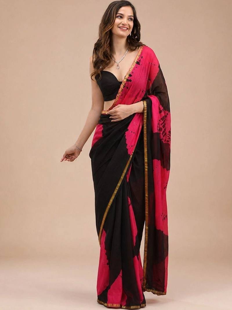 Tie and Dye Cotton Block Print Saree with blouse 