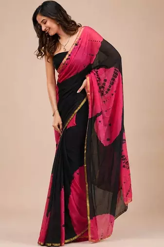 Tie and Dye Cotton Block Print Saree with blouse 