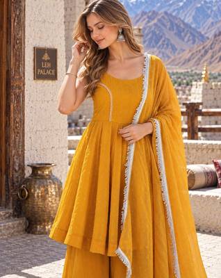 yellow silk blend readymade suit with zarkhand & lace work 3