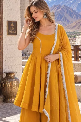 yellow silk blend readymade suit with zarkhand & lace work