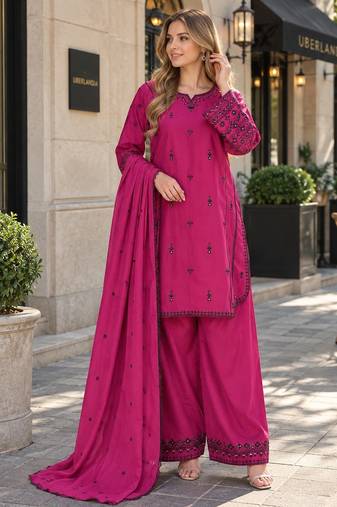 purple cotton readymade suit with thread & sequence work