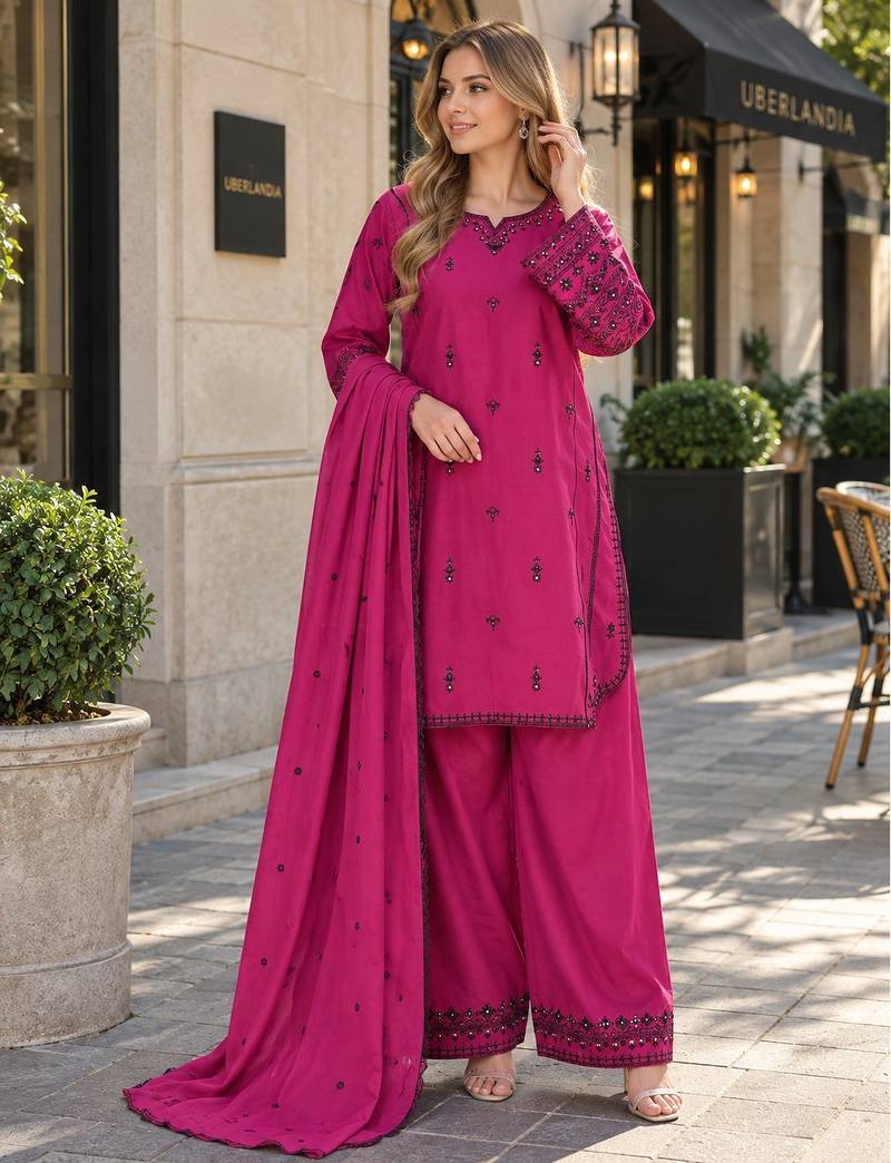 purple cotton readymade suit with thread & sequence work