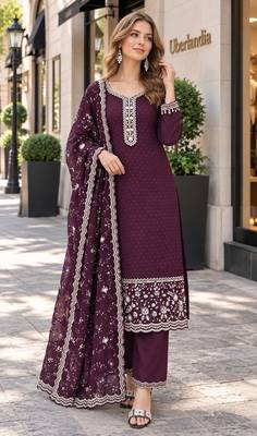 purple georgette readymade suit with diamond & sequence work 1