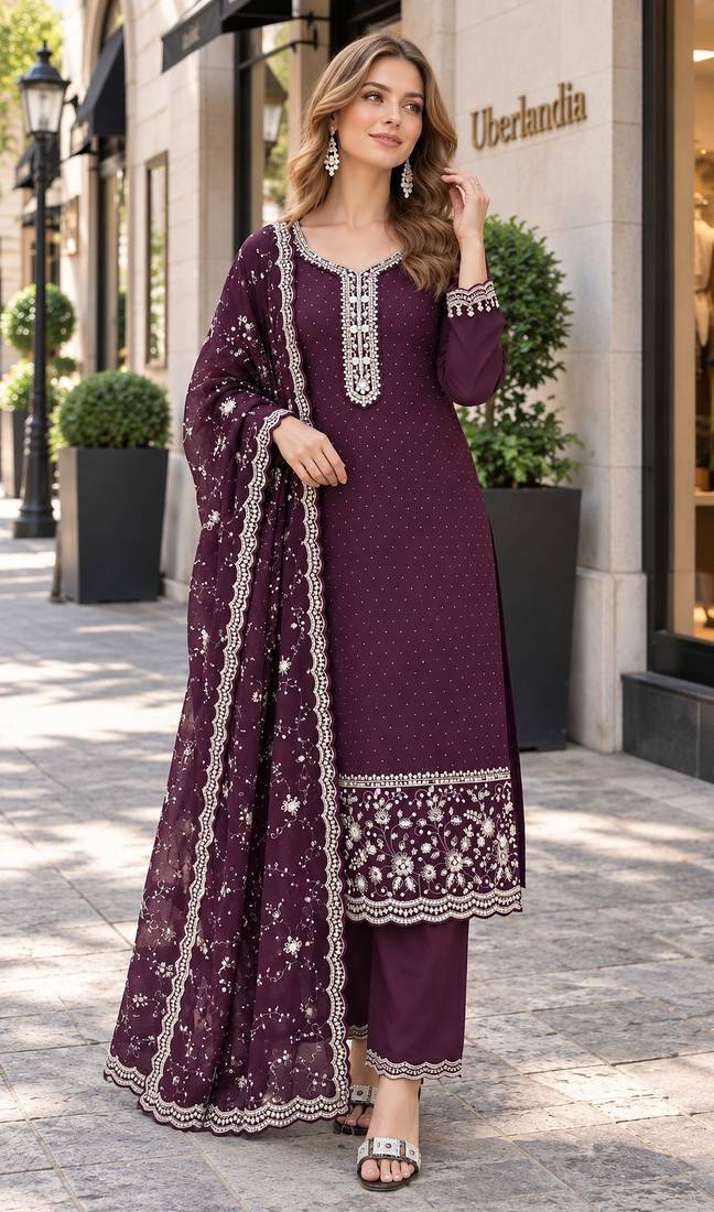 purple georgette readymade suit with diamond & sequence work