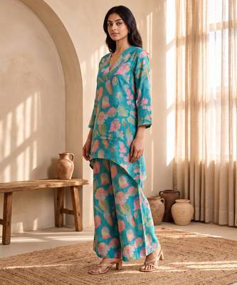 Turquoise printed silk blend co-ord set 3