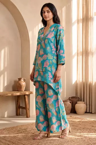 Turquoise printed silk blend co-ord set