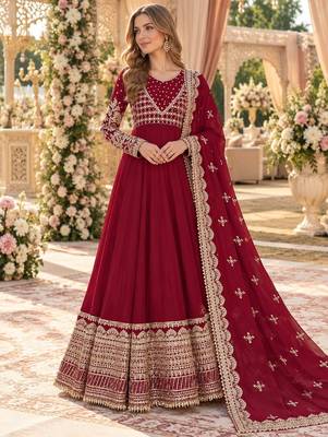 maroon georgette readymade anarkali suit with embroidery & sequence work 1