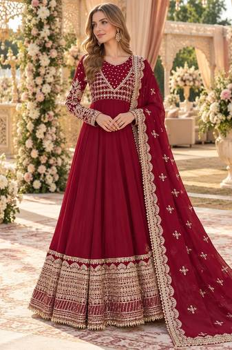 maroon georgette readymade anarkali suit with embroidery & sequence work