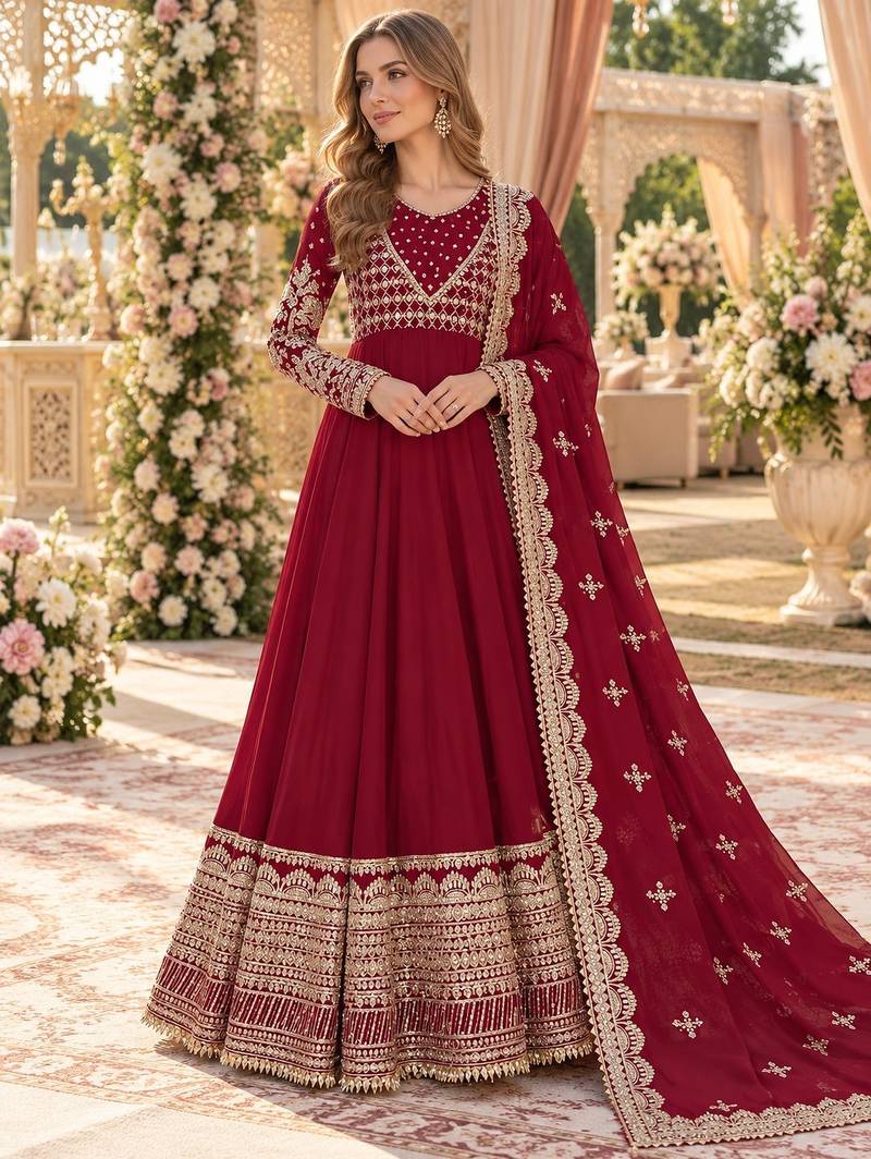 maroon georgette readymade anarkali suit with embroidery & sequence work