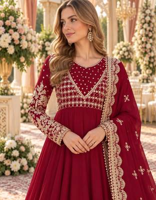 maroon georgette readymade anarkali suit with embroidery & sequence work 2