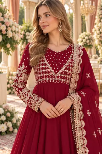 maroon georgette readymade anarkali suit with embroidery & sequence work
