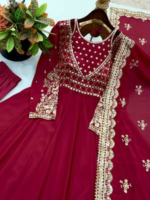 maroon georgette readymade anarkali suit with embroidery & sequence work 4
