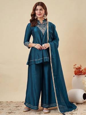 Rama party wear embroidery vichitra silk blend kurta with plazzo and dupatta 1