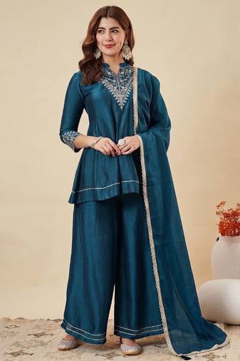 Rama party wear embroidery vichitra silk blend kurta with plazzo and dupatta
