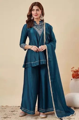 Rama party wear embroidery vichitra silk blend kurta with plazzo and dupatta