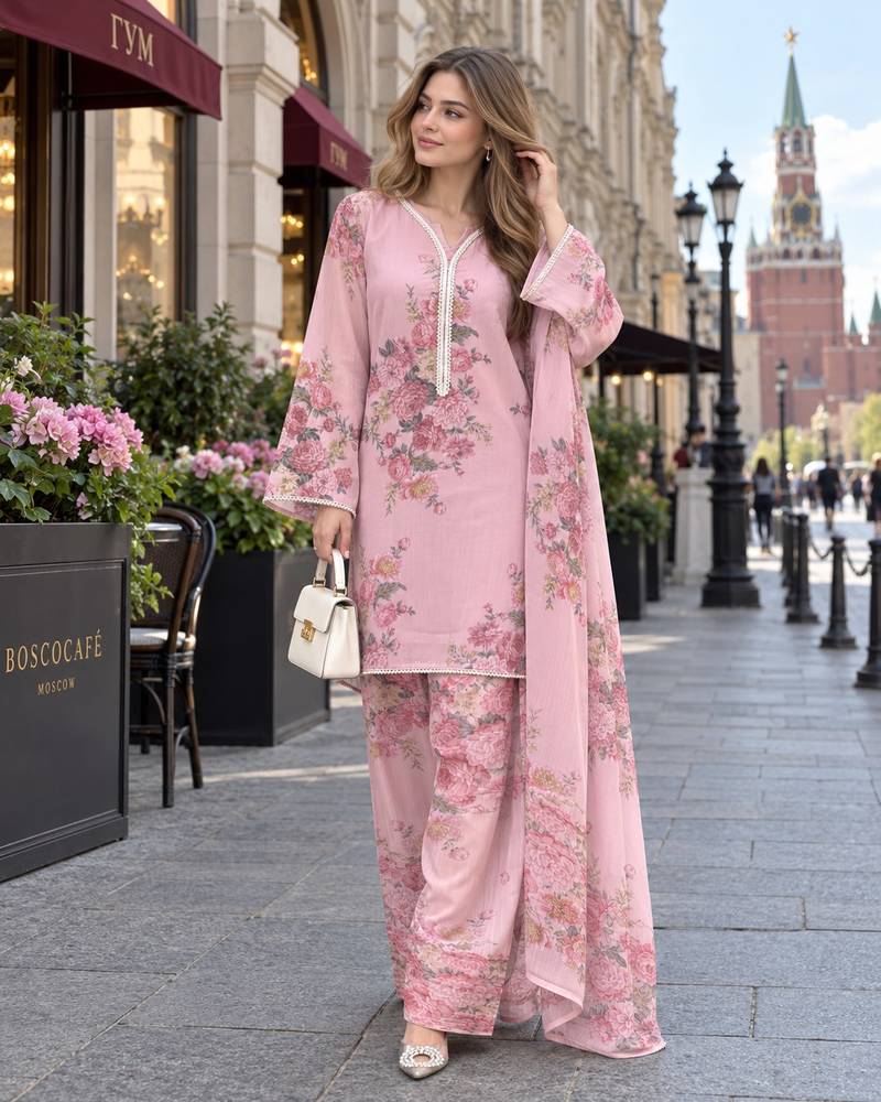 pink georgette readymade suit with digital printed work