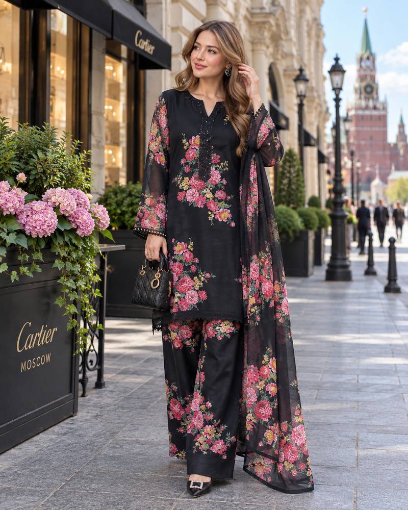 black georgette readymade suit with digital printed work