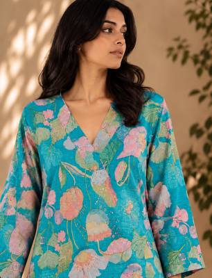 Turquoise printed silk blend co-ord set 4