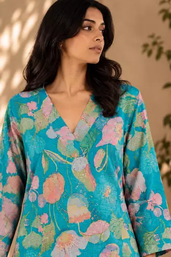 Turquoise printed silk blend co-ord set