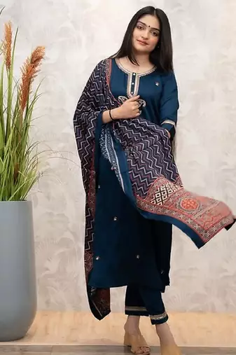 Rama party wear embroidery silk blend kurta with pant and dupatta