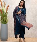 Rama party wear embroidery silk blend kurta with pant and dupatta