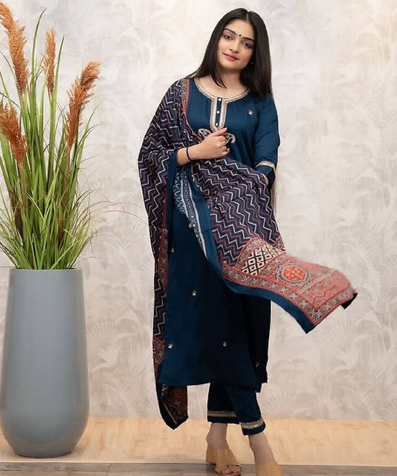 Rama party wear embroidery silk blend kurta with pant and dupatta
