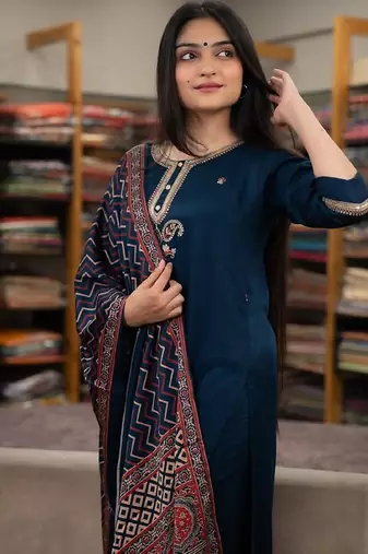 Rama party wear embroidery silk blend kurta with pant and dupatta