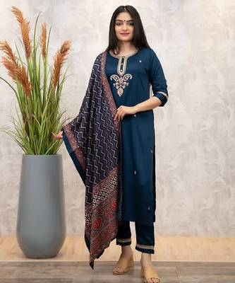 Rama party wear embroidery silk blend kurta with pant and dupatta 3