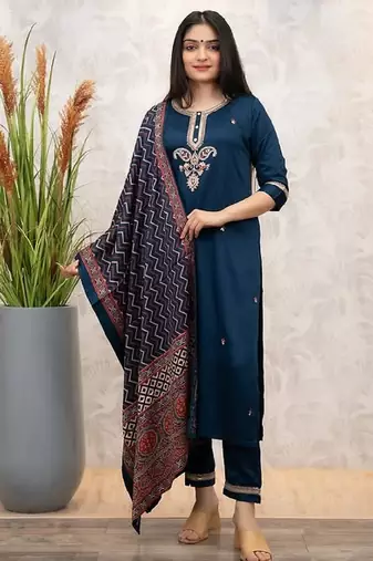Rama party wear embroidery silk blend kurta with pant and dupatta