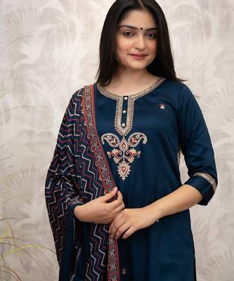 Rama party wear embroidery silk blend kurta with pant and dupatta 4