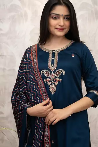 Rama party wear embroidery silk blend kurta with pant and dupatta
