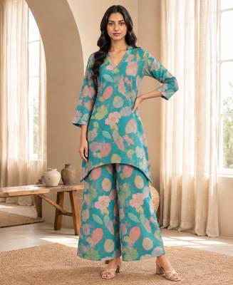 Turquoise printed silk blend co-ord set 5