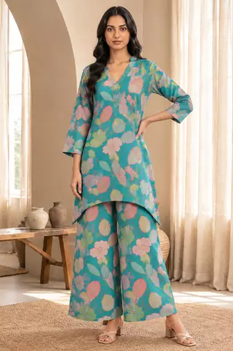 Turquoise printed silk blend co-ord set