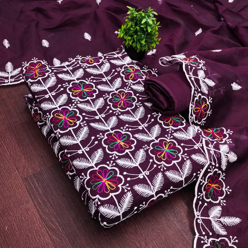  embroidered chanderi unstitched dress material with heavy scalloped dupatta