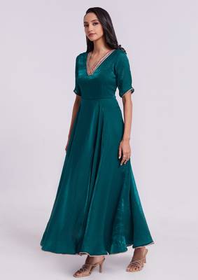 Elegant teal embroidered neck gown 2