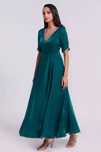 Elegant teal embroidered neck gown