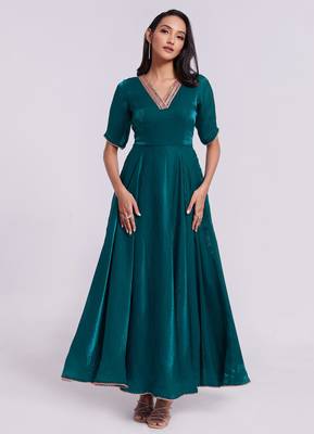 Elegant teal embroidered neck gown 3