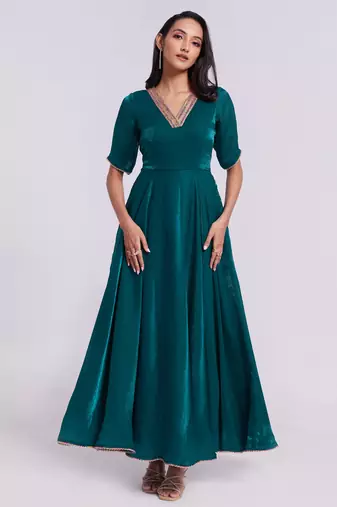 Elegant teal embroidered neck gown