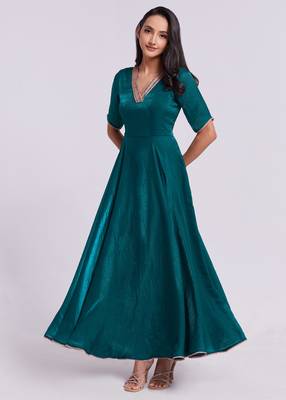 Elegant teal embroidered neck gown 4