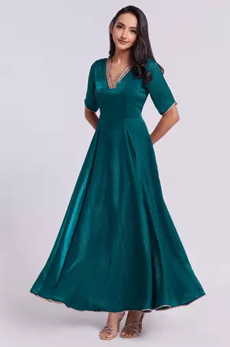Elegant teal embroidered neck gown